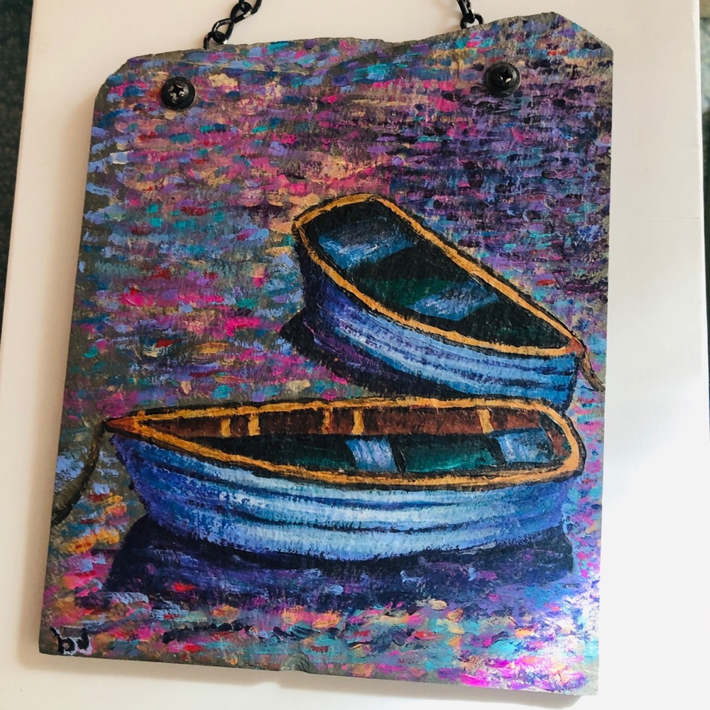 Colorful Impressionist Boat Painting on slate